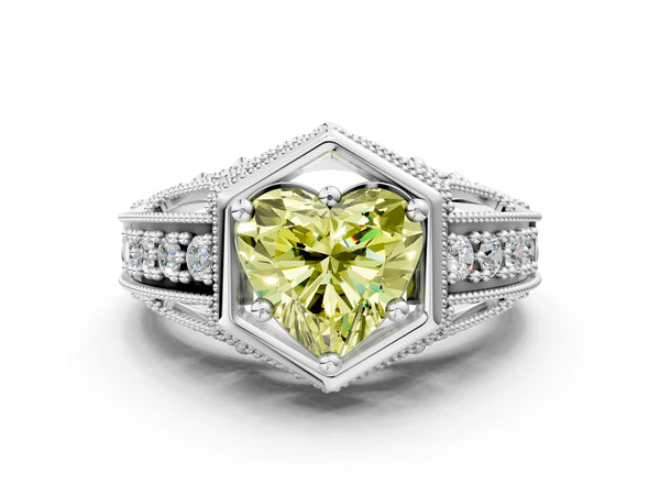 Silver Hexagon Bezel Fancy Yellow Heart Cut Diamond Milgrain Split Shank Ring