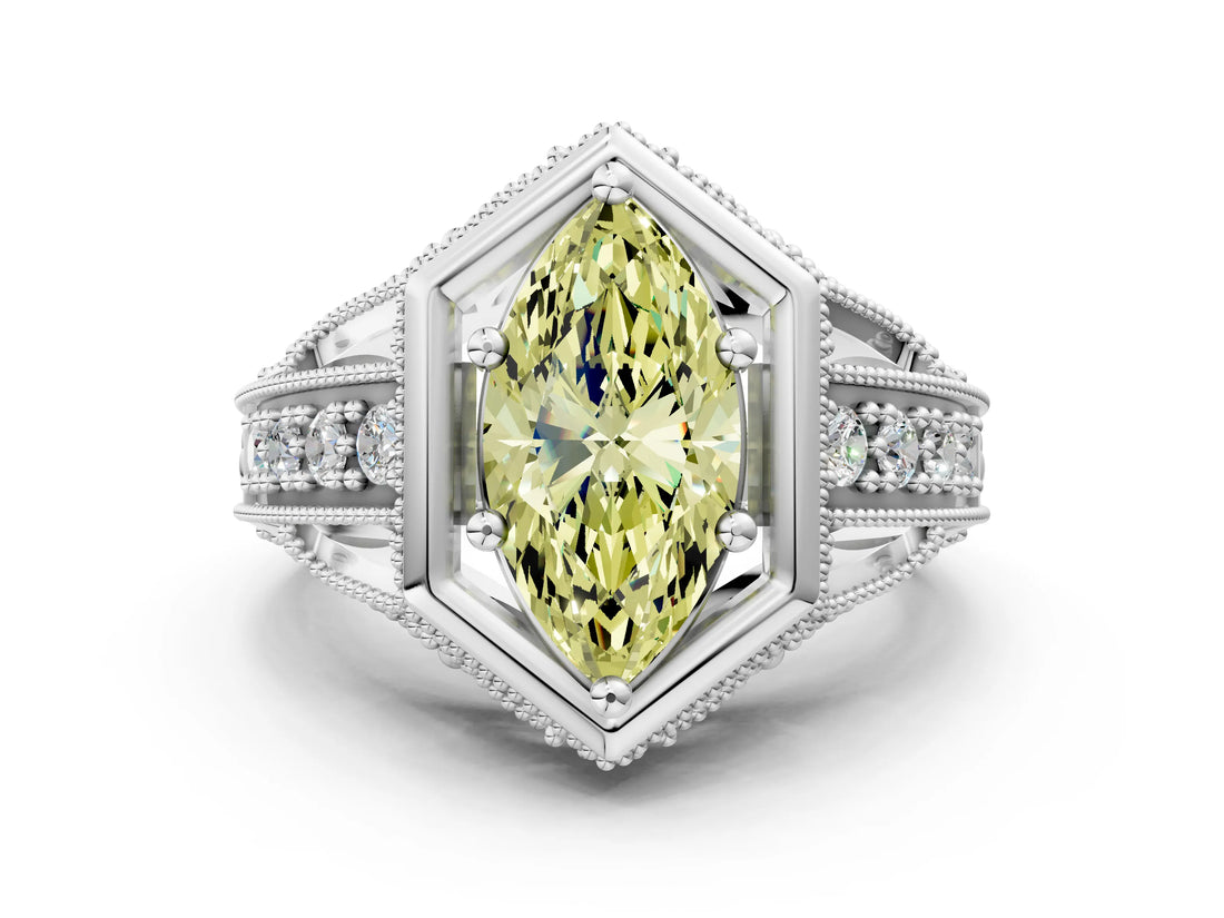 Silver Hexagon Bezel Fancy Yellow Marquise Cut Diamond Milgrain Split Shank Ring_6