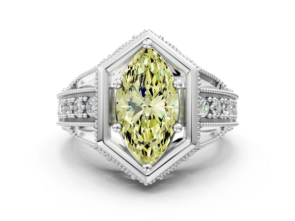Silver Hexagon Bezel Fancy Yellow Marquise Cut Diamond Milgrain Split Shank Ring