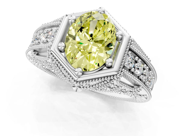 Silver Hexagon Bezel Fancy Yellow Oval Cut Diamond Milgrain Split Shank Ring