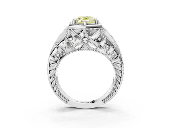 Silver Hexagon Bezel Fancy Yellow Oval Cut Diamond Milgrain Split Shank Ring