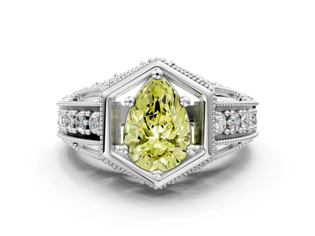 Silver Hexagon Bezel Fancy Yellow Pear Cut Diamond Milgrain Split Shank Ring_36