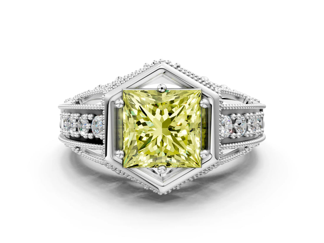 Silver Hexagon Bezel Fancy Yellow Princess Cut Diamond Milgrain Split Shank Ring_6
