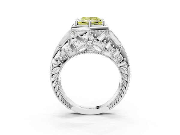 Silver Hexagon Bezel Fancy Yellow Princess Cut Diamond Milgrain Split Shank Ring