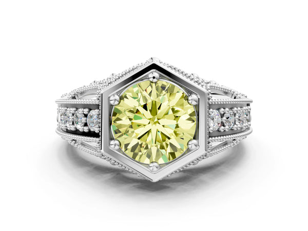 Silver Hexagon Bezel Fancy Yellow Round Cut Diamond Milgrain Split Shank Ring