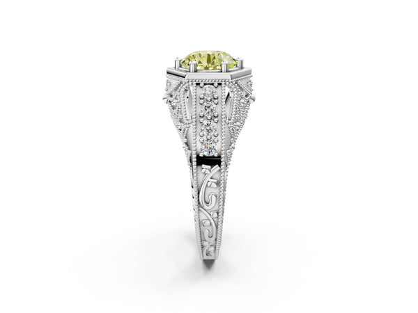 Silver Hexagon Bezel Fancy Yellow Round Cut Diamond Milgrain Split Shank Ring
