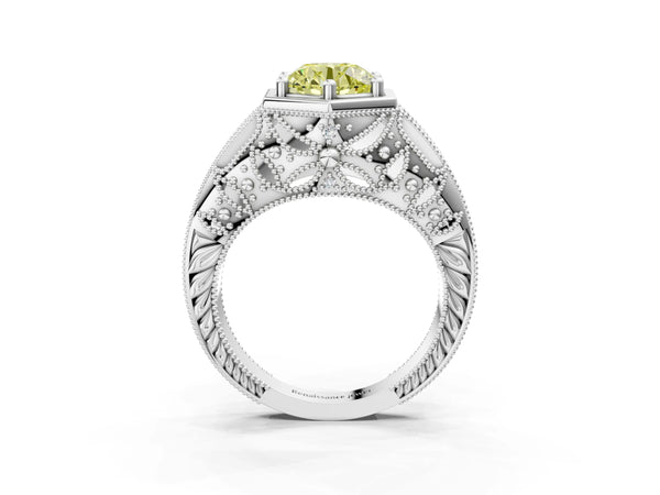 Silver Hexagon Bezel Fancy Yellow Round Cut Diamond Milgrain Split Shank Ring
