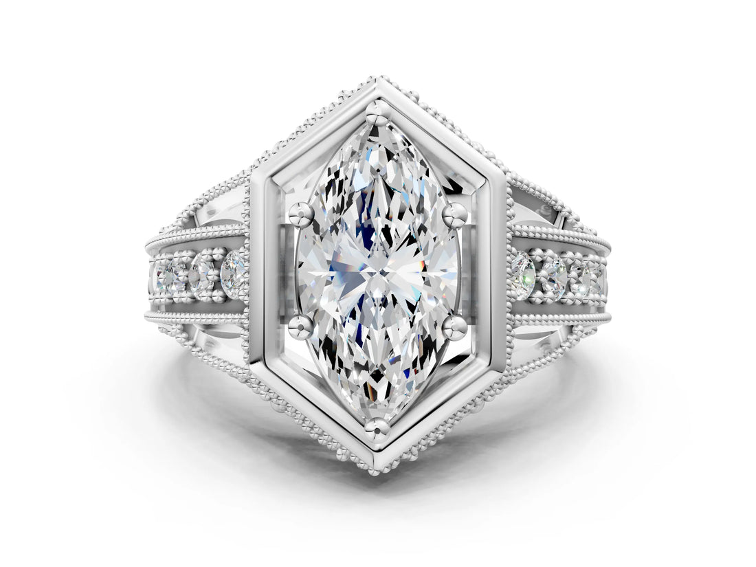 Silver Hexagon Bezel Marquise Cut Diamond Milgrain Split Shank Ring_7