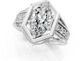 Silver Hexagon Bezel Marquise Cut Diamond Milgrain Split Shank Ring_8