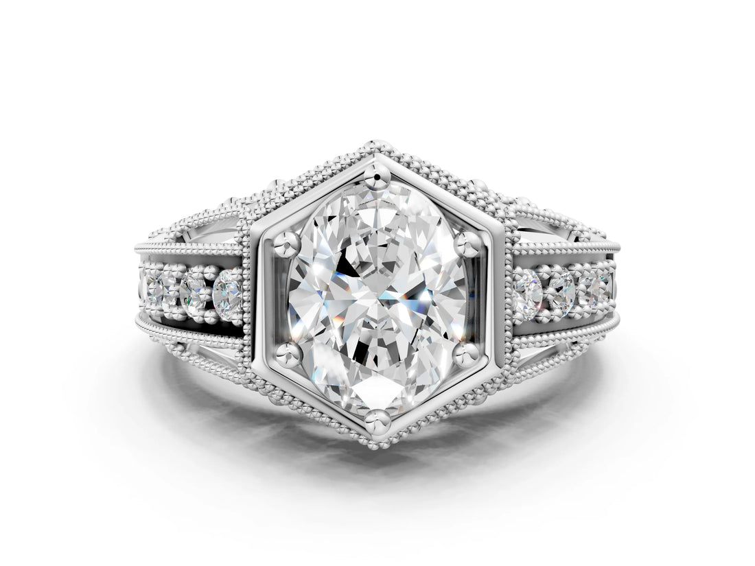 Silver Hexagon Bezel Oval Cut Diamond Milgrain Split Shank Ring_7