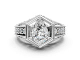 Silver Hexagon Bezel Pear Cut Diamond Milgrain Split Shank Ring_7