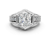 Silver Hexagon Bezel Princess Cut Diamond Milgrain Split Shank Ring_7