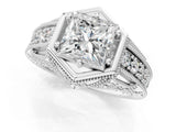Silver Hexagon Bezel Princess Cut Diamond Milgrain Split Shank Ring_8