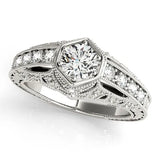 Silver Hexagon Bezel Round Diamond Milgrain Split Shank Ring