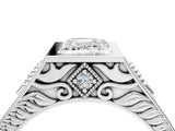 Silver Hexagonal Bezel Emerald Diamond Engraved Band Prong Ring_18