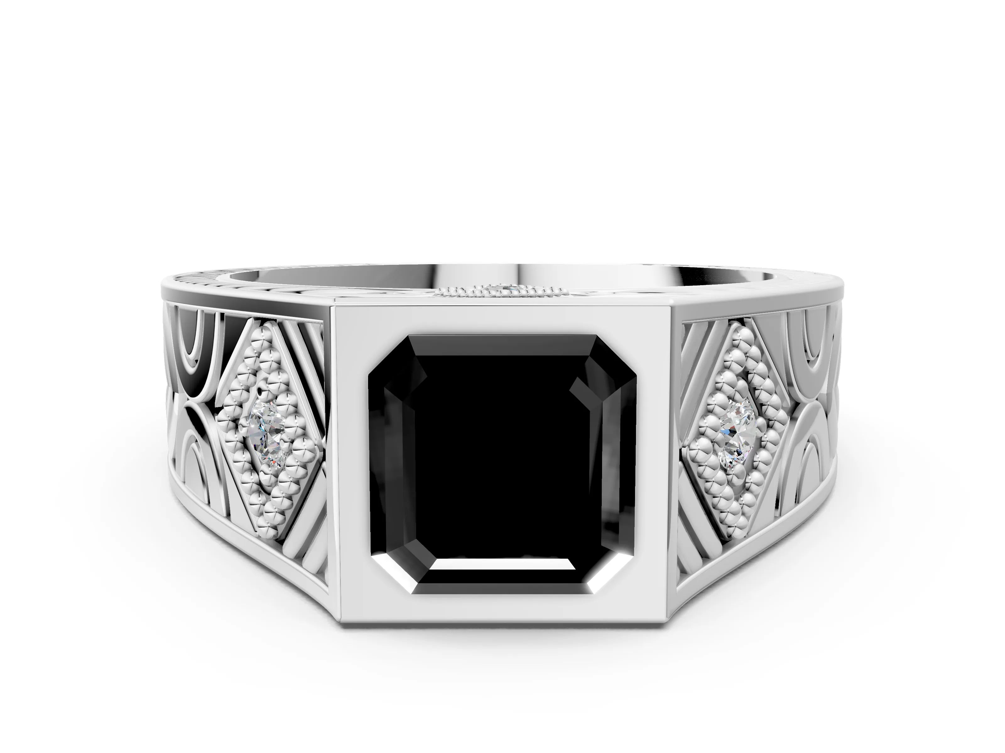 Silver Hexagonal Bezel Fancy Black Asscher Cut Diamond Engraved Band Prong Ring_12