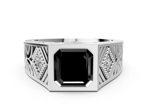 Silver Hexagonal Bezel Fancy Black Asscher Cut Diamond Engraved Band Prong Ring_12