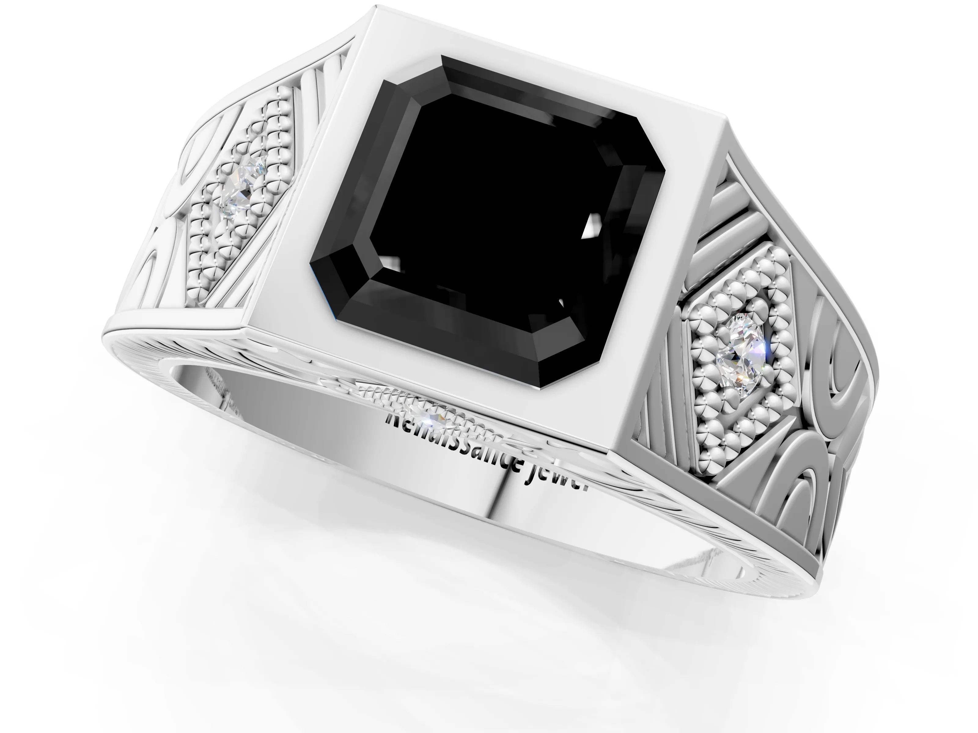Silver Hexagonal Bezel Fancy Black Asscher Cut Diamond Engraved Band Prong Ring_13