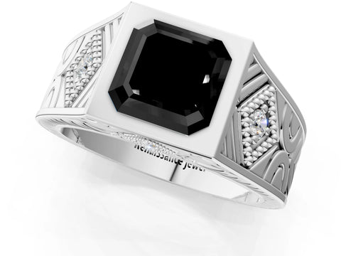 Silver Hexagonal Bezel Fancy Black Asscher Cut Diamond Engraved Band Prong Ring_13