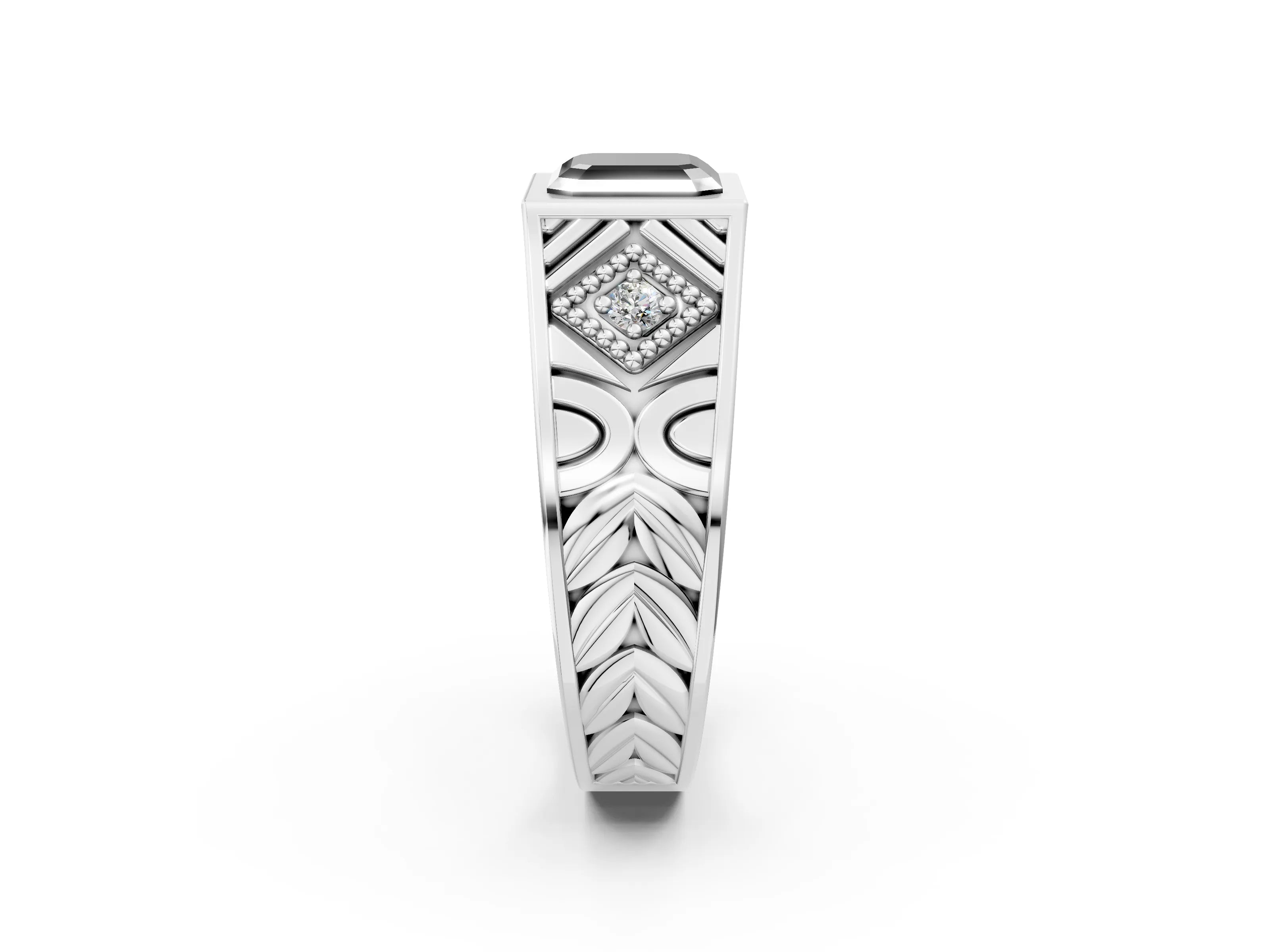 Silver Hexagonal Bezel Fancy Black Asscher Cut Diamond Engraved Band Prong Ring_14