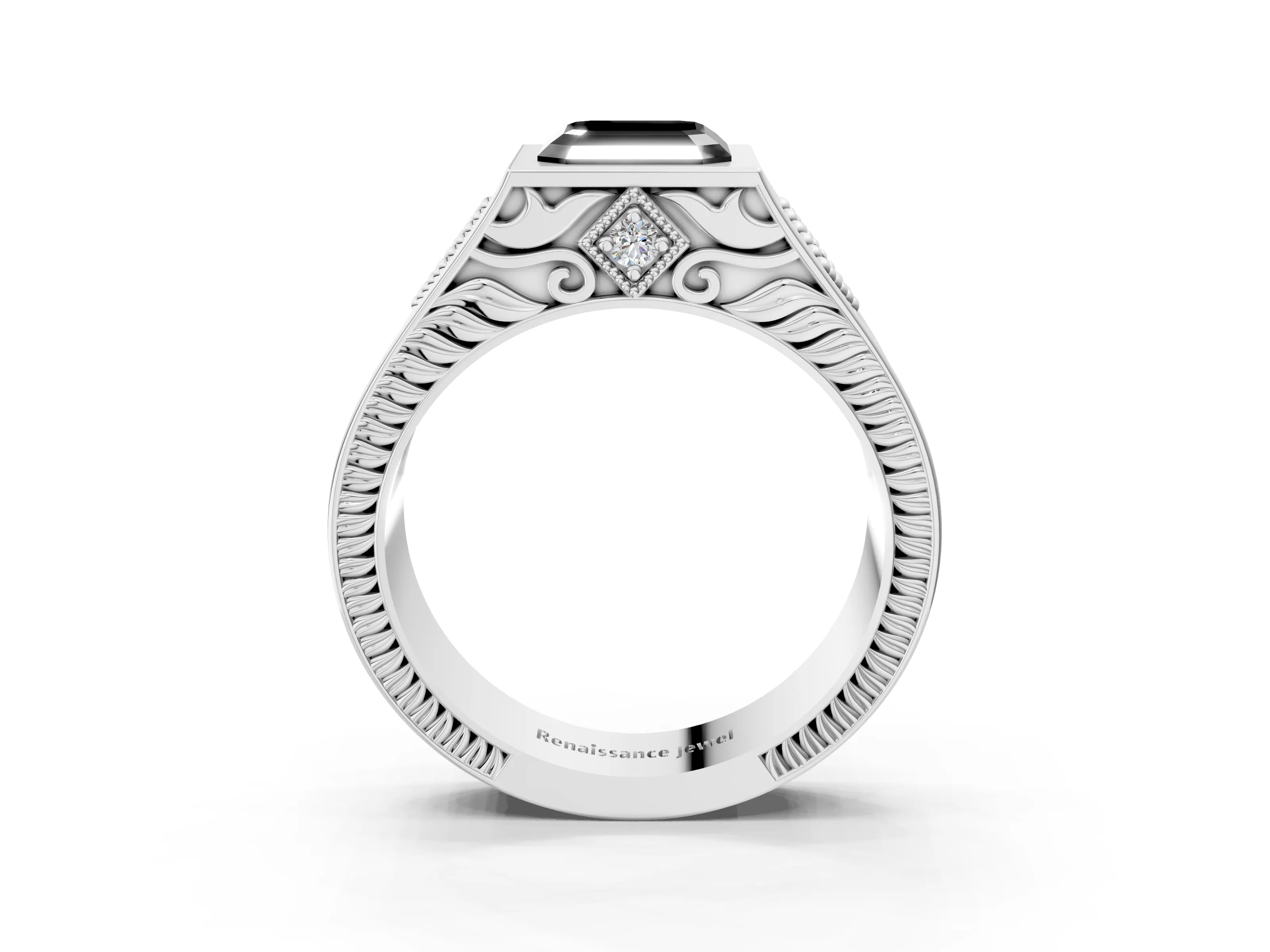 Silver Hexagonal Bezel Fancy Black Asscher Cut Diamond Engraved Band Prong Ring_15