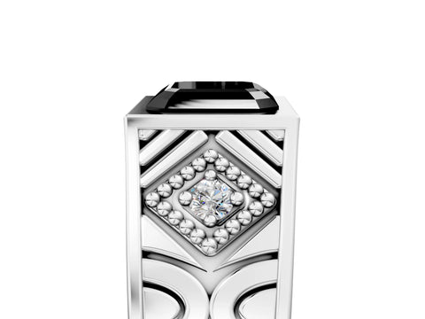 Silver Hexagonal Bezel Fancy Black Asscher Cut Diamond Engraved Band Prong Ring_17