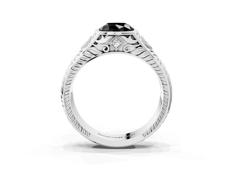 Silver Hexagonal Bezel Fancy Black Cushion Cut Diamond Engraved Band Prong Ring_39