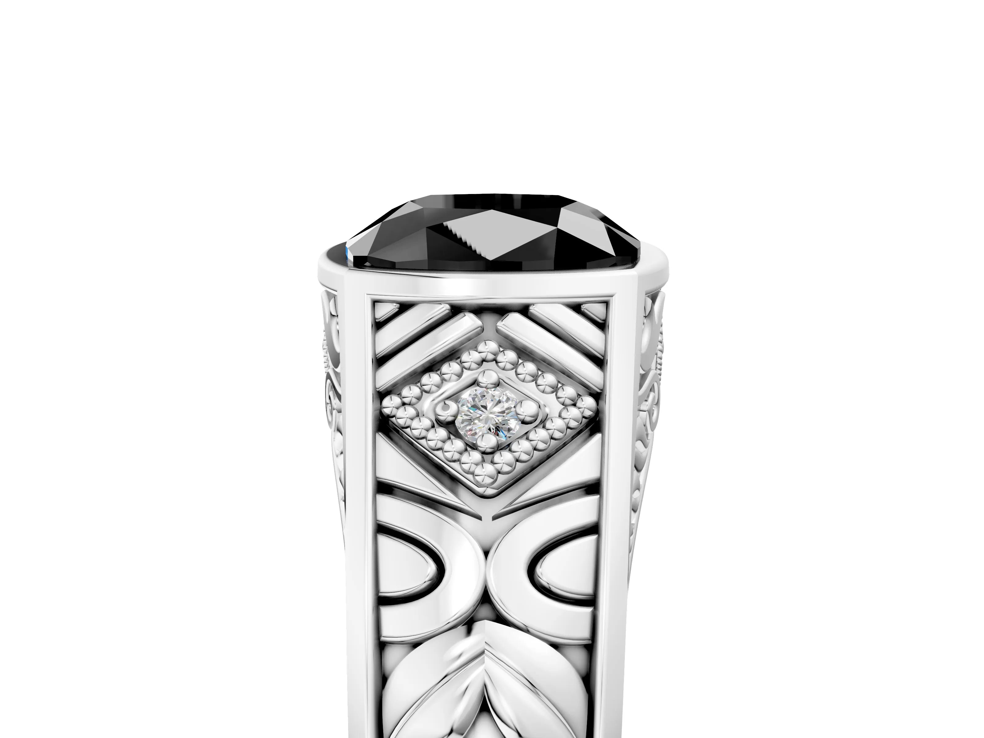 Silver Hexagonal Bezel Fancy Black Cushion Cut Diamond Engraved Band Prong Ring_41