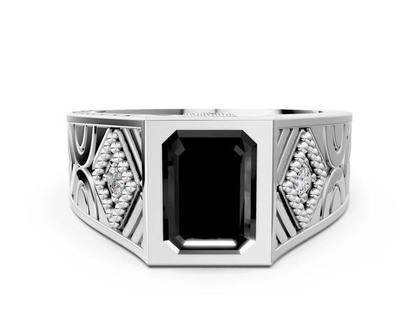 Silver Hexagonal Bezel Fancy Black Emerald Cut Diamond Engraved Band Prong Ring