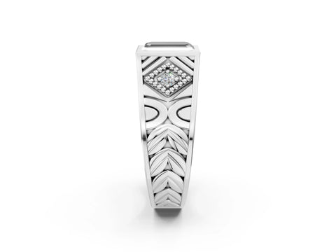 Silver Hexagonal Bezel Fancy Black Emerald Cut Diamond Engraved Band Prong Ring_8