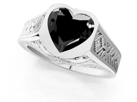 Silver Hexagonal Bezel Fancy Black Heart Cut Diamond Engraved Band Prong Ring_85