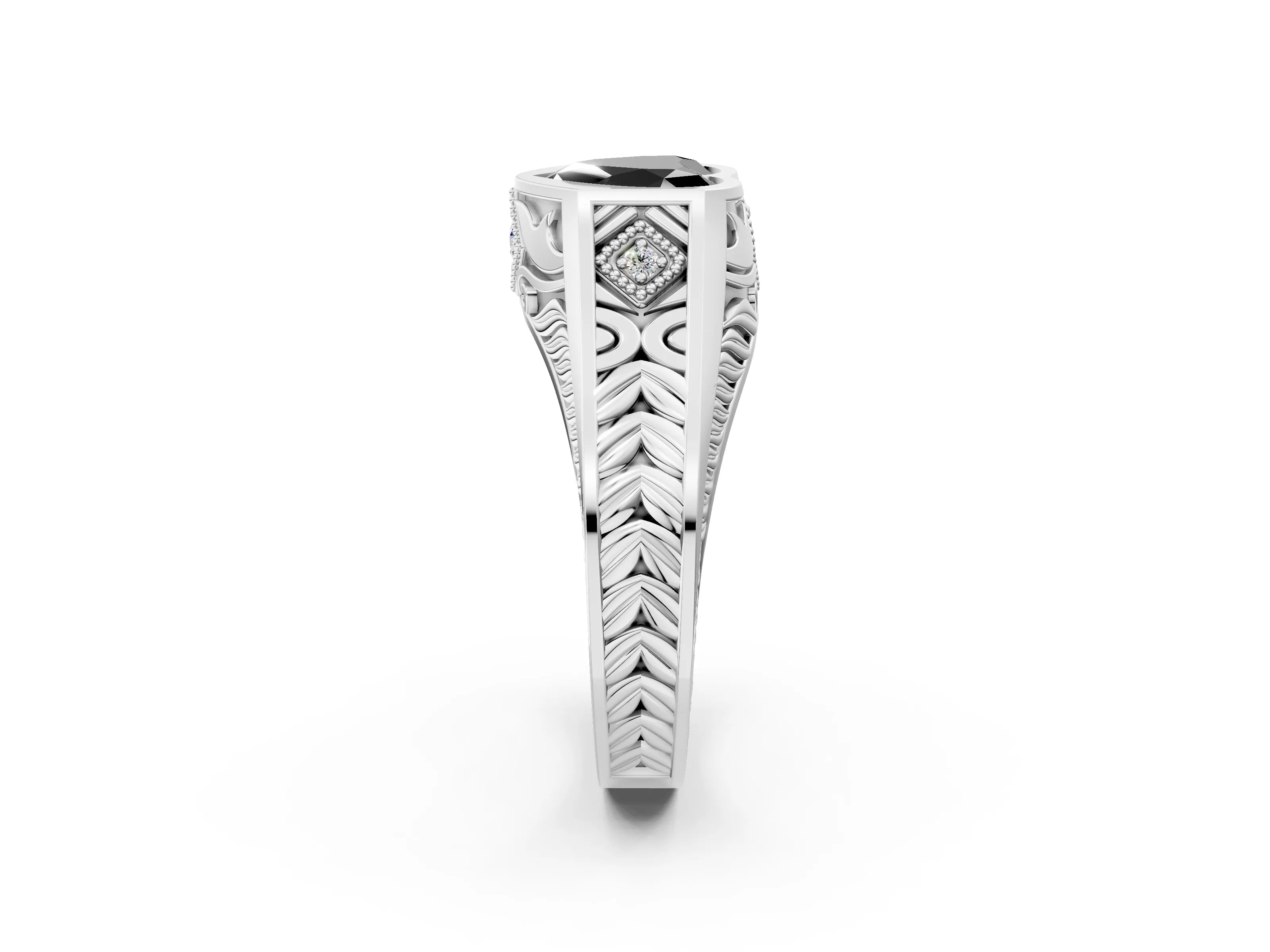 Silver Hexagonal Bezel Fancy Black Heart Cut Diamond Engraved Band Prong Ring_86
