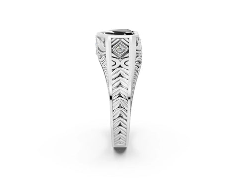 Silver Hexagonal Bezel Fancy Black Heart Cut Diamond Engraved Band Prong Ring_86