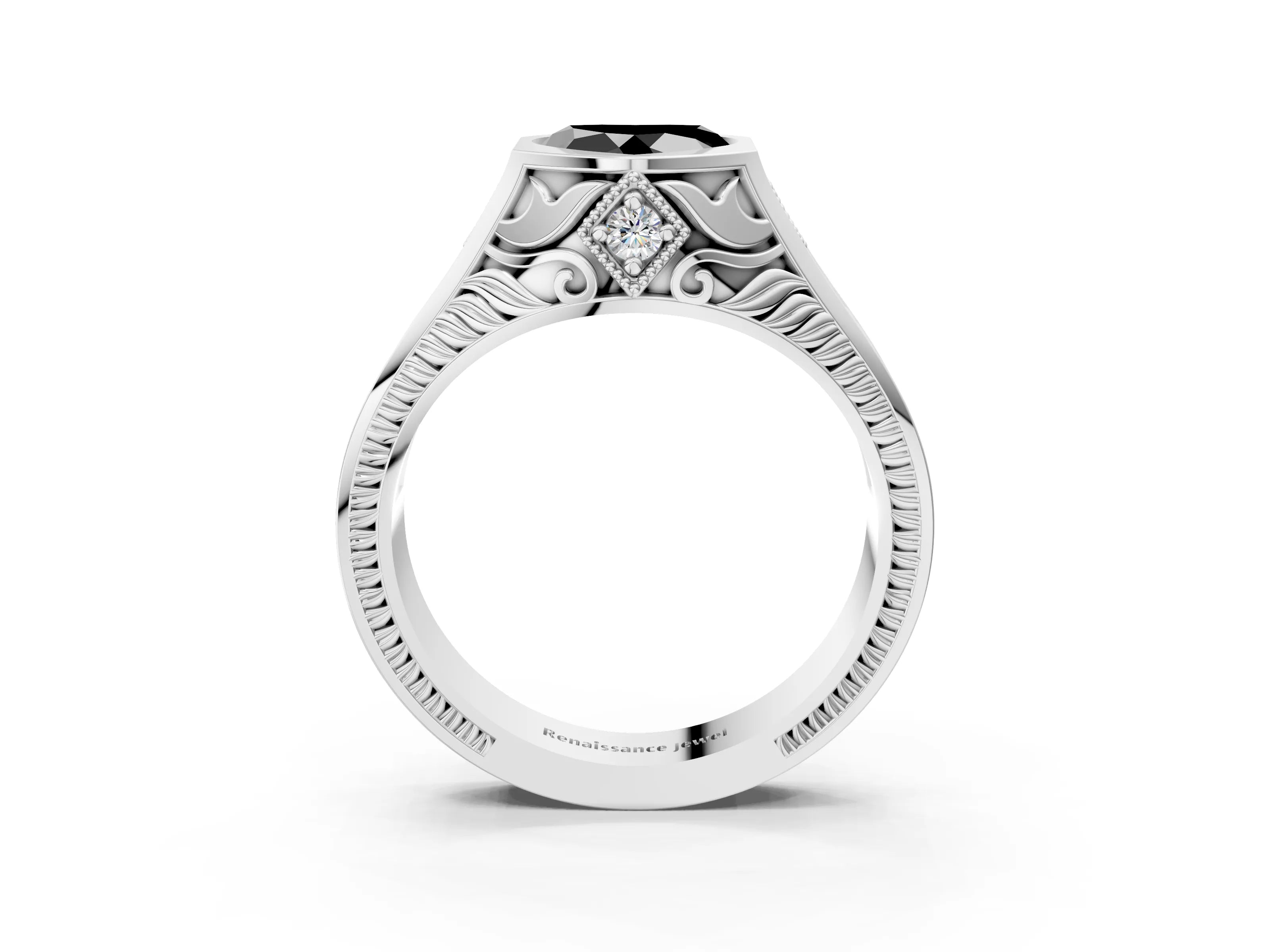 Silver Hexagonal Bezel Fancy Black Heart Cut Diamond Engraved Band Prong Ring_87