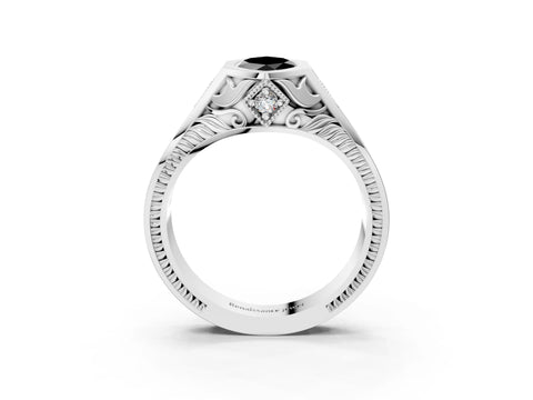 Silver Hexagonal Bezel Fancy Black Marquise Cut Diamond Engraved Band Prong Ring_39