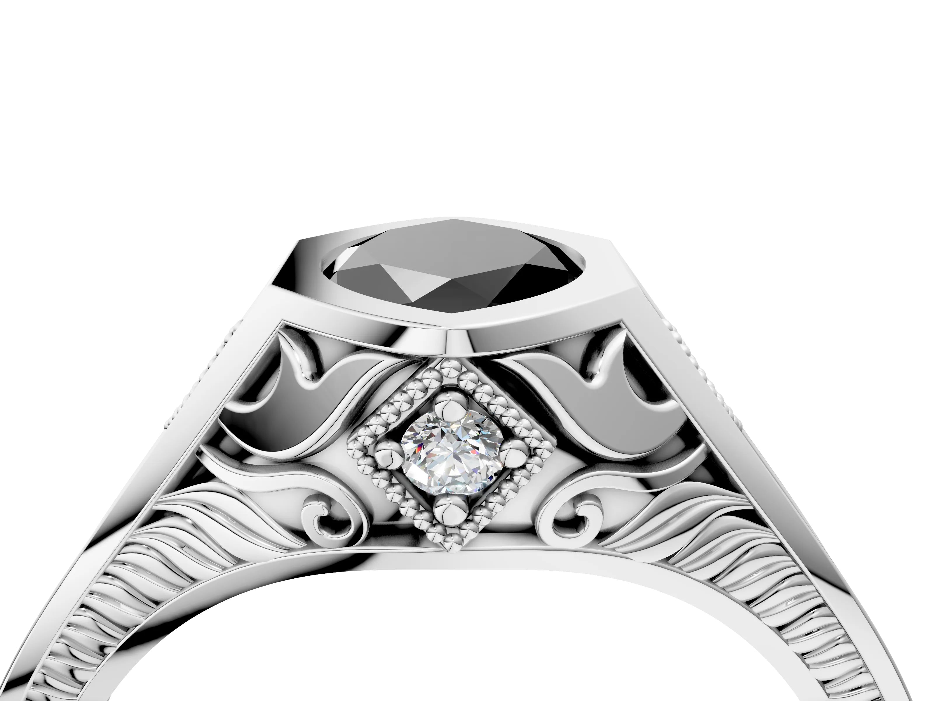 Silver Hexagonal Bezel Fancy Black Marquise Cut Diamond Engraved Band Prong Ring_40