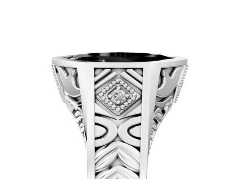 Silver Hexagonal Bezel Fancy Black Marquise Cut Diamond Engraved Band Prong Ring_41