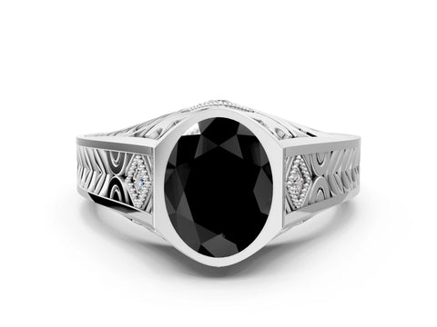 Silver Hexagonal Bezel Fancy Black Oval Cut Diamond Engraved Band Prong Ring_12