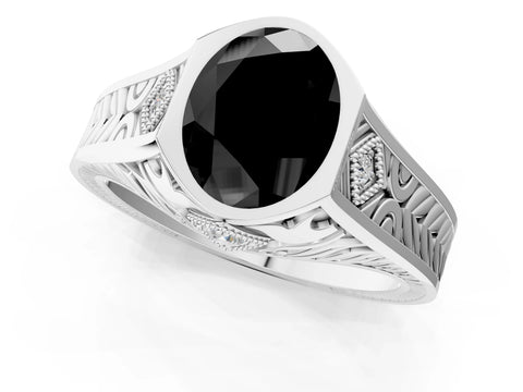 Silver Hexagonal Bezel Fancy Black Oval Cut Diamond Engraved Band Prong Ring_13