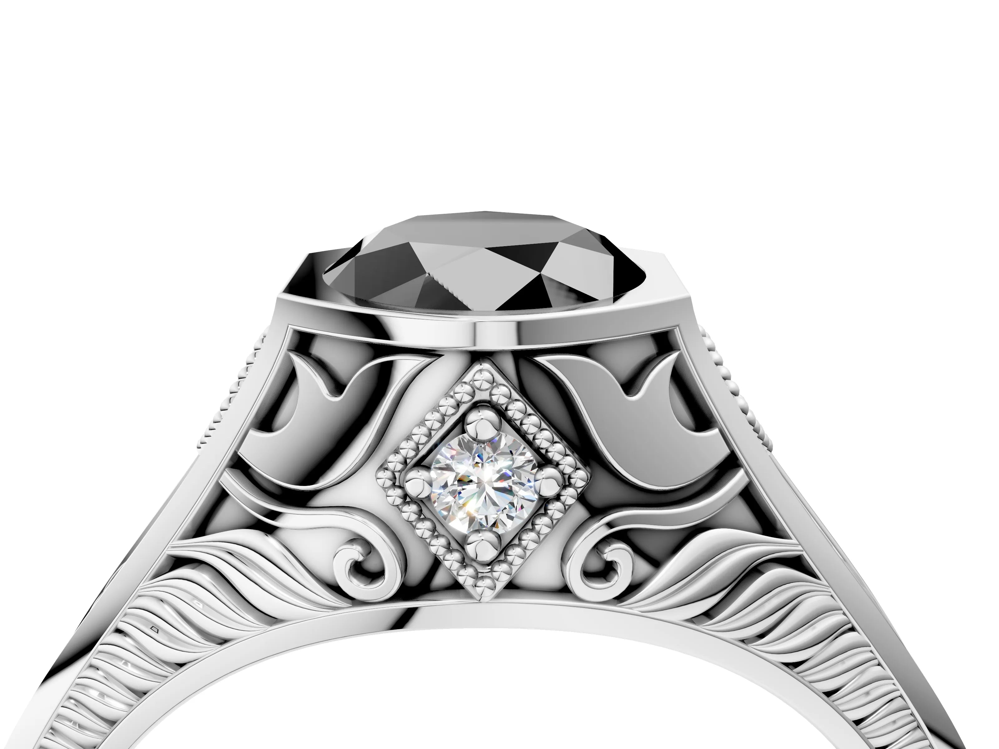 Silver Hexagonal Bezel Fancy Black Oval Cut Diamond Engraved Band Prong Ring_16
