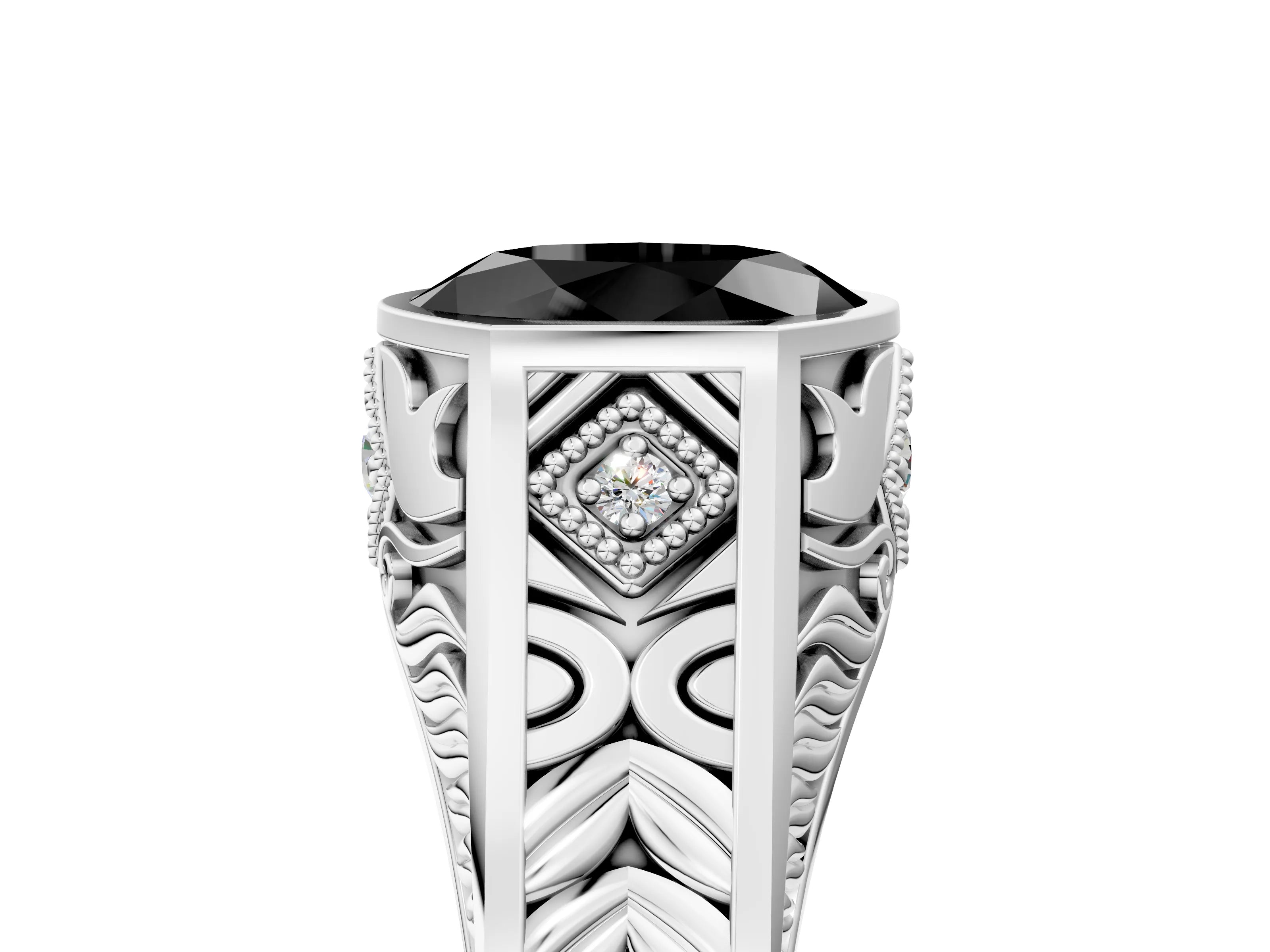 Silver Hexagonal Bezel Fancy Black Oval Cut Diamond Engraved Band Prong Ring_17