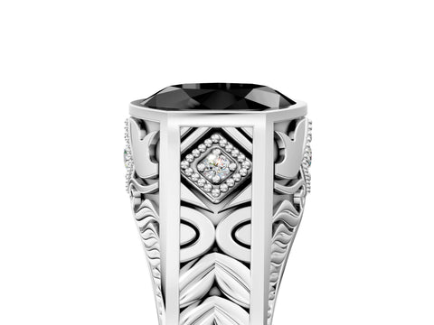 Silver Hexagonal Bezel Fancy Black Oval Cut Diamond Engraved Band Prong Ring_17