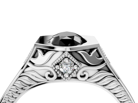 Silver Hexagonal Bezel Fancy Black Pear Cut Diamond Engraved Band Prong Ring_10