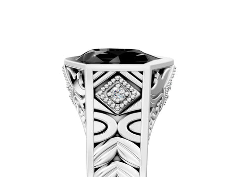 Silver Hexagonal Bezel Fancy Black Pear Cut Diamond Engraved Band Prong Ring_11