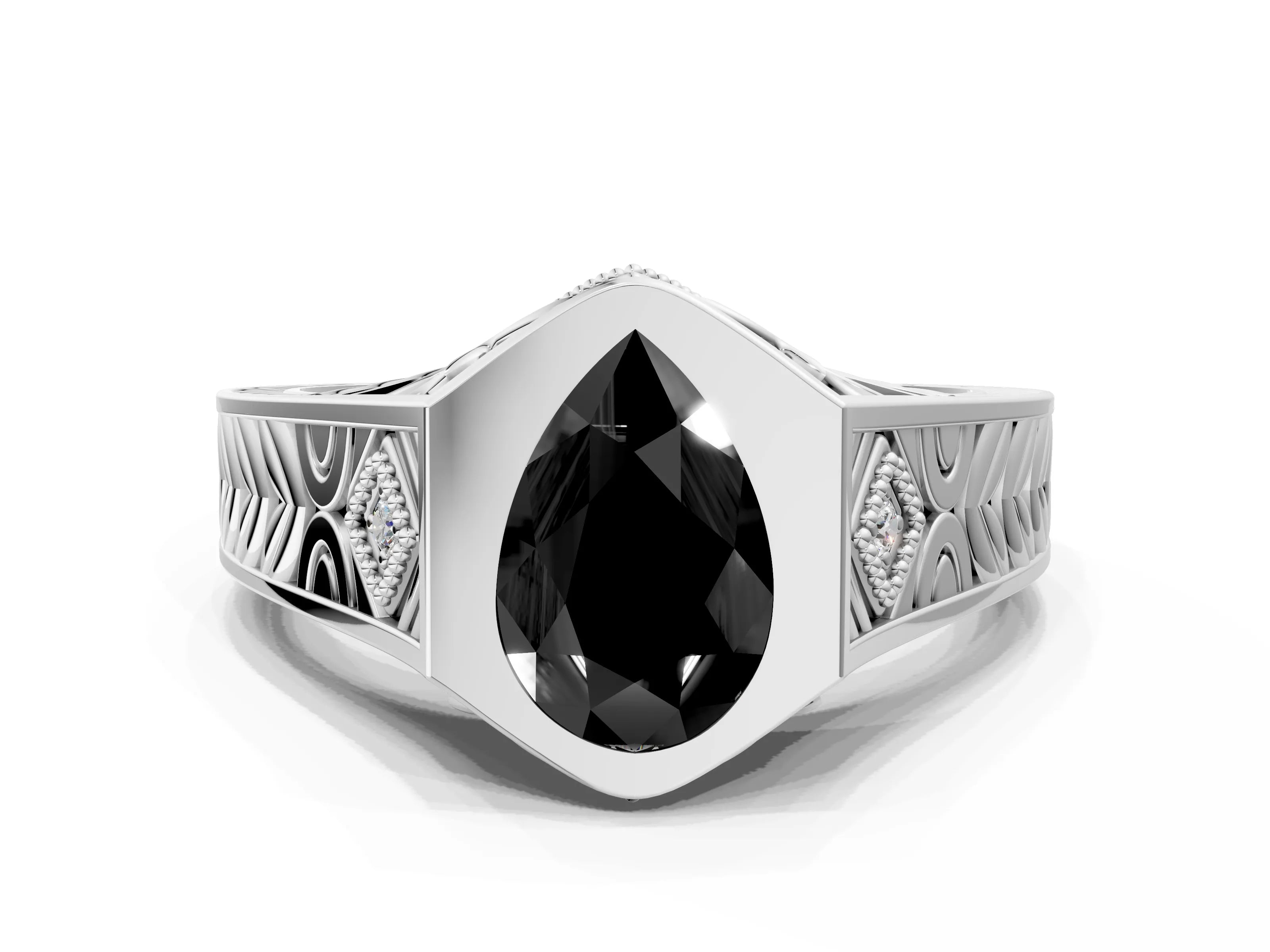 Silver Hexagonal Bezel Fancy Black Pear Cut Diamond Engraved Band Prong Ring_6