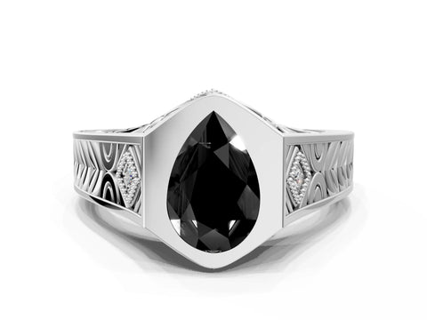 Silver Hexagonal Bezel Fancy Black Pear Cut Diamond Engraved Band Prong Ring_6