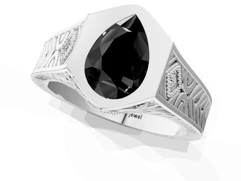 Silver Hexagonal Bezel Fancy Black Pear Cut Diamond Engraved Band Prong Ring_7