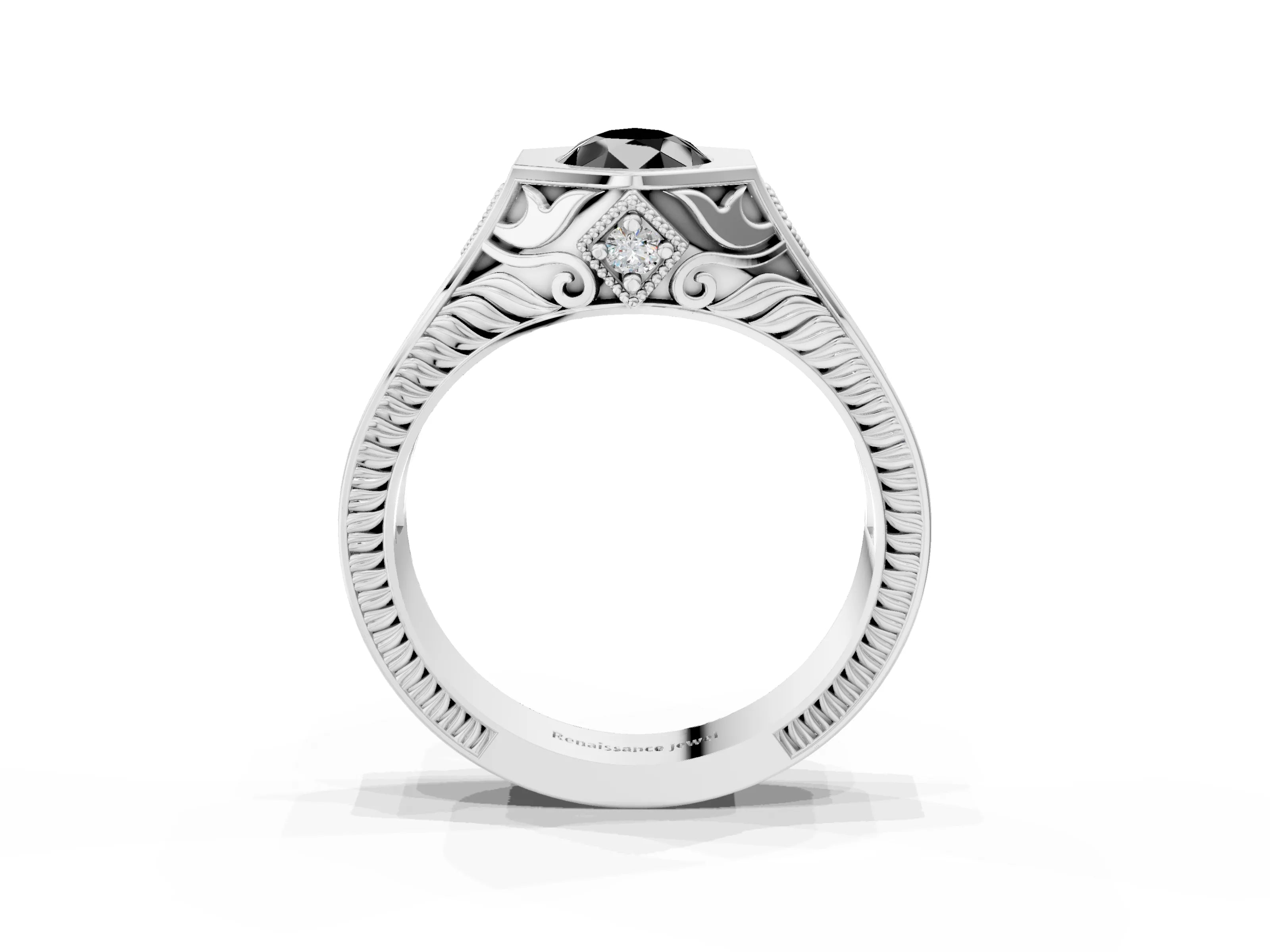 Silver Hexagonal Bezel Fancy Black Pear Cut Diamond Engraved Band Prong Ring_9