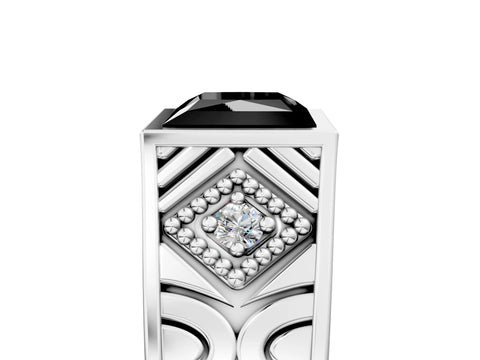 Silver Hexagonal Bezel Fancy Black Princess Cut Diamond Engraved Band Prong Ring_11