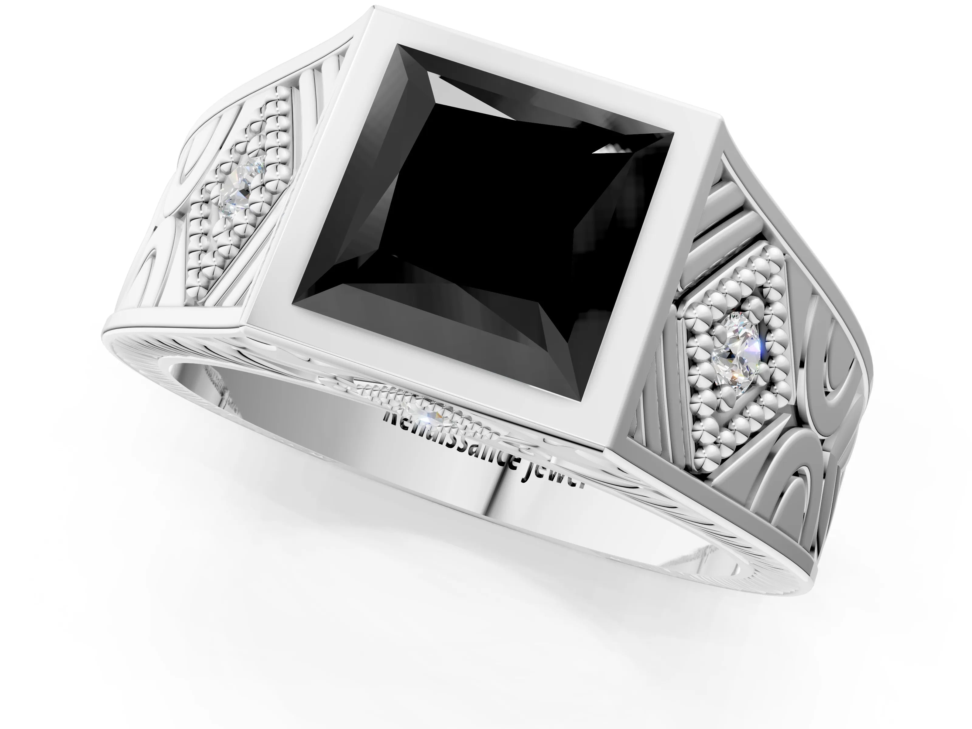 Silver Hexagonal Bezel Fancy Black Princess Cut Diamond Engraved Band Prong Ring_7